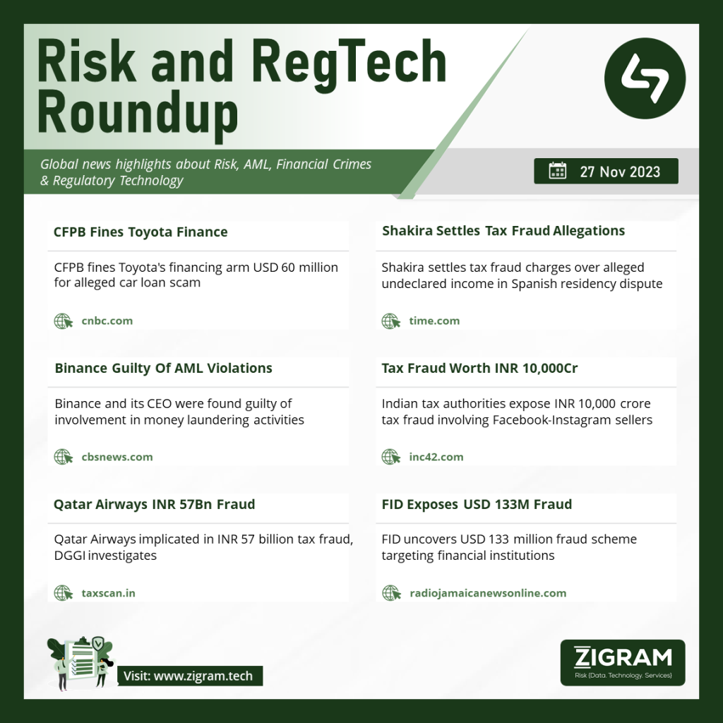 Toyota, Shakira, Binance, Tax Fraud, Qatar Airways, FID RRR 27Nov23