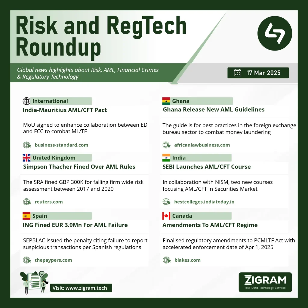 Newsletter 17 Mar 2025: India-Mauritius MoU, Ghana AML Guidelines, Simpson Thacher Fine, SEBI AML Course, ING Spain Fine, Canada AML Amendments